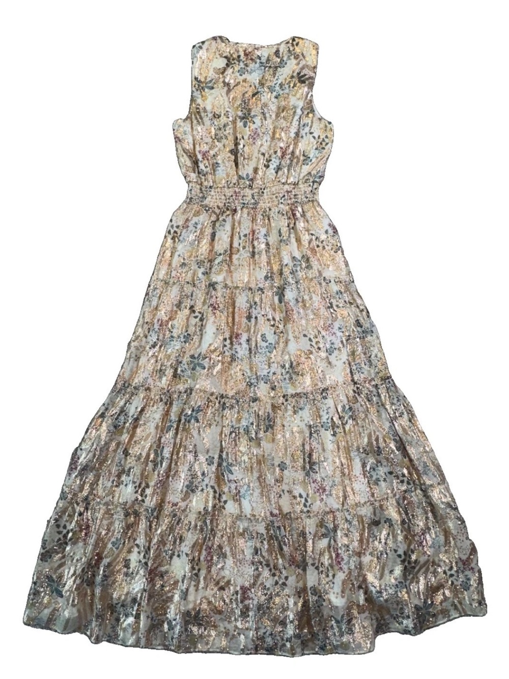 Daniel Rainn Eileen Sleeveless Maxi Dress Gold Floral Lurex Smocked Waist S - Picture 15 of 16